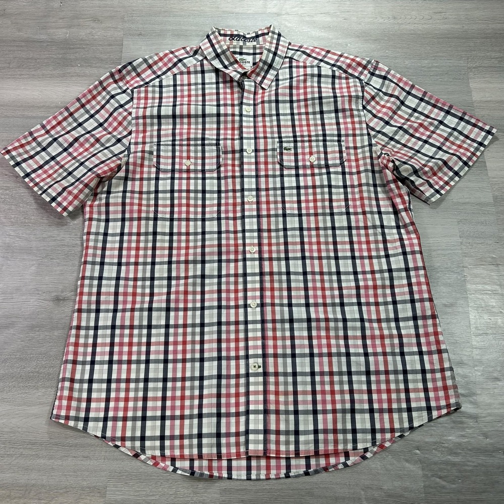 Lacoste Shirt Mens 42 Multicolor Plaid Short Sleeve Button Up Slim Fit Casual